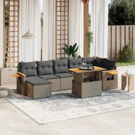 Ensemble Salon de Jardin Modulaire en Résine Tressée Gris 8 Places avec Table Réglable, Coussins Amovibles et Repose-Pieds