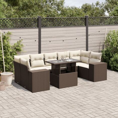 Ensemble Salon de Jardin Modulaire en Résine Tressée Marron 8 Pièces avec Coussins et Table Basse Réglable