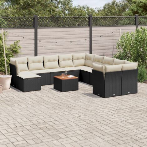 Ensemble salon de jardin modulaire en résine tressée noire avec coussins blanc crème, 12 pièces avec coffre de rangement intégré et table en acacia.