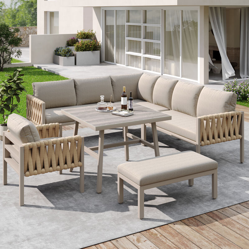 Ensemble Salon de Jardin Modulaire pour 8 personnes en Corde avec Structure en Fer Galvanisé,Pieds Réglables,Plateau en Verre Trempé,Beige