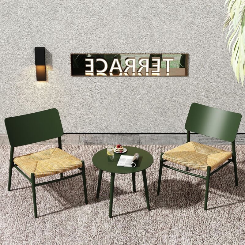 Ensemble Salon de jardin pour 2 personnes en aluminium avec 2 Chaises, tables basses et coussins en rotin, Vert - Vert
