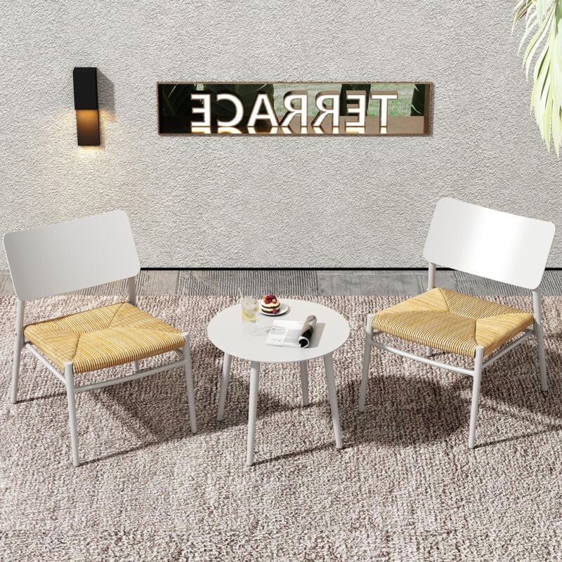 Salon de jardin, 2 places - en aluminium - avec 2 Chaises, tables basses, coussins en rotin - beige - Blanc