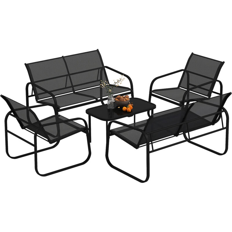 Outsunny - Ensemble salon de jardin relax 6 personnes 5 pièces plateau verre trempé acier textilène noir