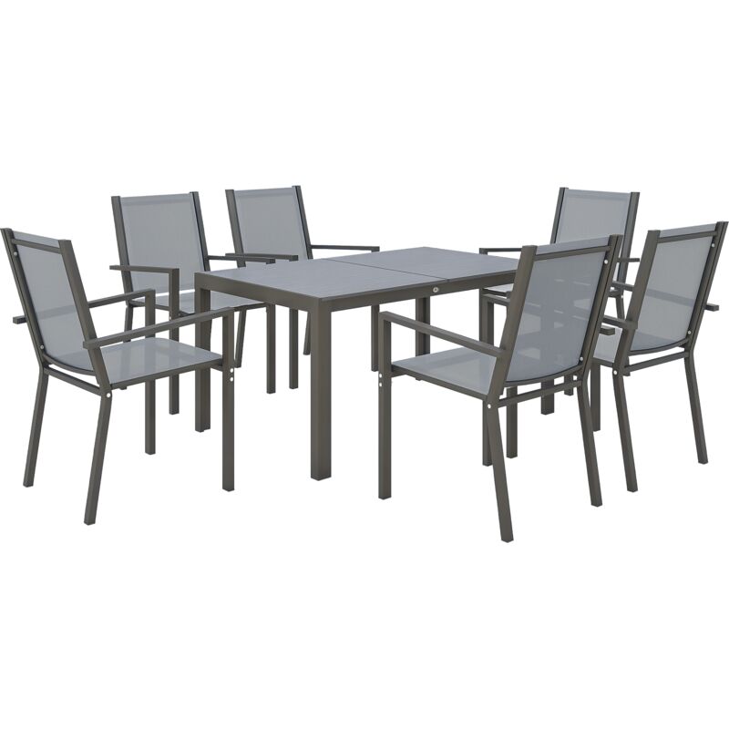 Ensemble salon de jardin repas - ensemble repas extérieur - 6 chaises empilables grande table effet bois - acier textilène gris