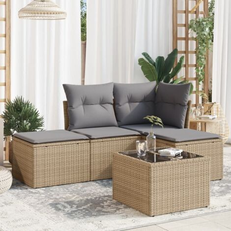 Ensemble Salon de Jardin Résine Tressée 5 Pièces Beige avec Coussins Gris – Table Verre Trempé, Siège Central et d'Angle, Tabourets, Modulaire et Lavable