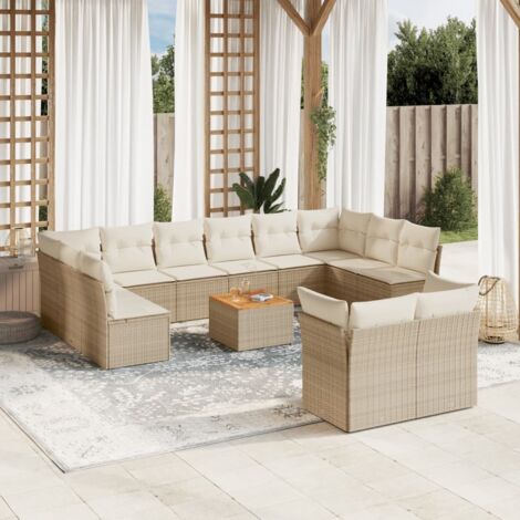 Ensemble salon de jardin résine tressée beige 13 places avec coussins et table en acacia, modulaire et durable