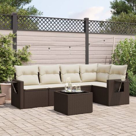Ensemble salon de jardin résine tressée marron 6 places avec table verre et coussins crème, modulable et durable