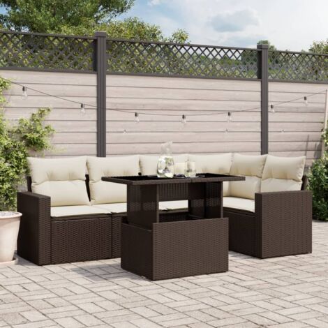 Ensemble salon de jardin résine tressée marron avec 6 coussins et table extensible, configuration modulaire 5 places