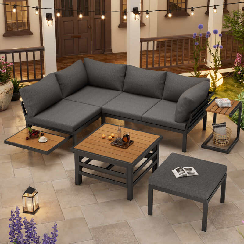 Ensemble Salon de jardin,2 Canapés doubles+1 Tabouret+1 Table réglable en hauteur+Table d’appoint extensible,Cadre en fer galvanisé,Gris