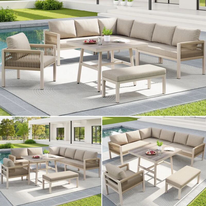 Ensemble Salon de jardin,Canapé d'angle en forme L 8 places,Tressé main Table marbre verre Coussin amovible,Beige Ensemble Salon de jardin,Canapé d'angle en forme L 8 places,Tressé main Table marbre verre Coussin amovible,Beige
