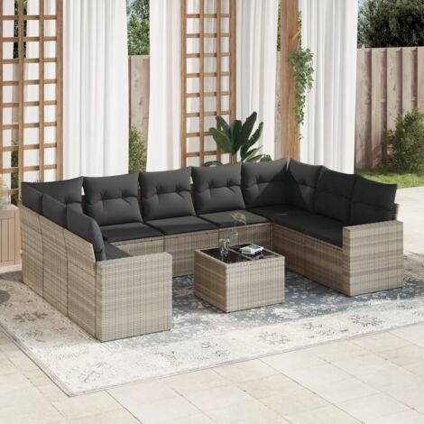 Ensemble salon extérieur 10 pièces polyrotin gris clair avec coussins