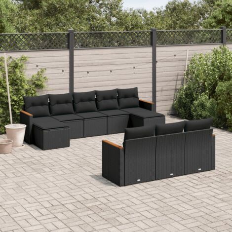 Ensemble Salon Jardin 10 Pièces Noir Résine Tressée avec Coussins - 4 Fauteuils, 4 Canapés, 2 Poufs - Stockage Intégré