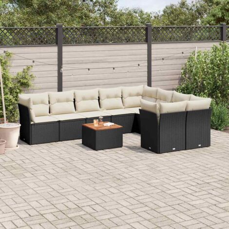 Ensemble Salon Jardin 10 Pièces Noir Résine Tressée avec Coussins Crème - 4 Sièges Coin + 5 Sièges Centraux + Table Acacia - Stockage Intégré