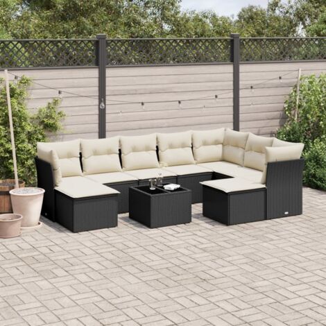 Ensemble Salon Jardin 10 Pièces Noir Résine Tressée avec Coussins Crème - Meuble Extérieur Modulaire Verre Trempé