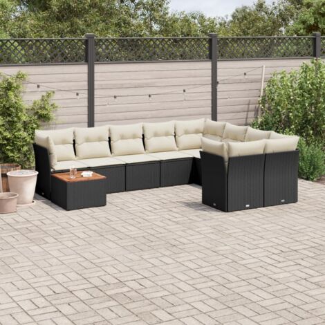 Ensemble Salon Jardin 10 Pièces Noir Résine Tressée avec Coussins Crème - Table Acacia, Meuble Extérieur Modulaire