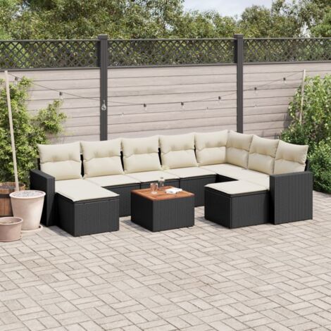 Ensemble Salon Jardin 10 Pièces Noir Résine Tressée avec Coussins Crème - Table Acacia, Modulaire