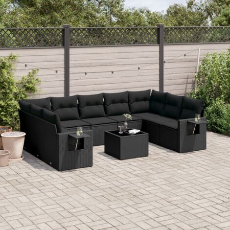 Ensemble Salon Jardin 10 Pièces Noir Résine Tressée avec Coussins et Table Verre Trempé - Meuble Extérieur Modulaire Confortable