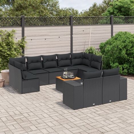 Ensemble Salon Jardin 10 Pièces Noir Résine Tressée avec Coussins - Table Acacia, Mobilier Extérieur Modulaire