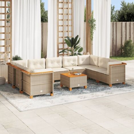 Ensemble Salon Jardin 10 Pièces Résine Tressée Beige avec Coussins Crème - Meuble Extérieur Modulaire en Polyrotin avec Table Acacia