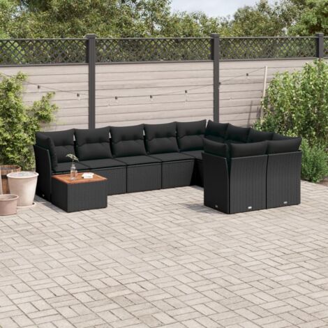 Ensemble Salon Jardin 10 Pièces Résine Tressée Noir avec Coussins - 4 Sièges d'Angle + 5 Sièges Centraux + Table Acacia - Modulaire Stockage Intégré