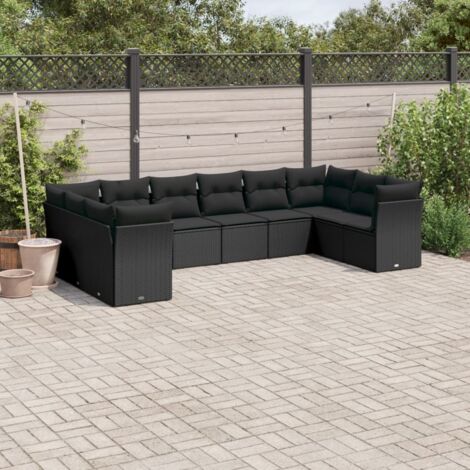 Ensemble Salon Jardin 10 Places Noir Résine Tressée avec Coussins - 6 Sièges Centraux + 4 d'Angle - Meuble Extérieur Modulaire