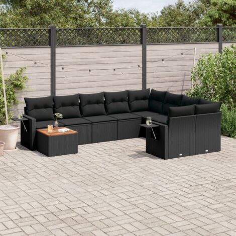 Ensemble Salon Jardin 10 Places Noir Résine Tressée avec Coussins - Canapé d'Angle, Central et Table Acacia - Modulaire