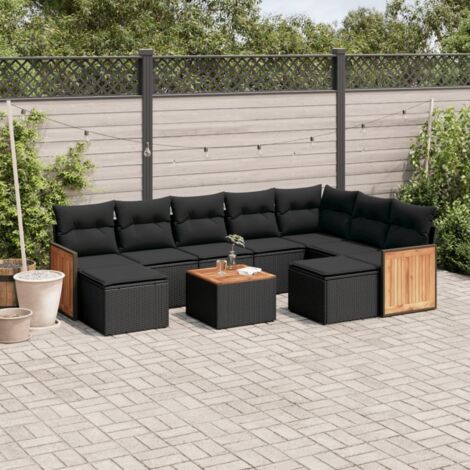 Ensemble Salon Jardin 10 Places Noir Résine Tressée avec Coussins - Canapés d'Angle et Table Acacia - Meuble Extérieur Modulaire