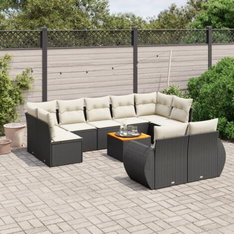 Ensemble Salon Jardin 10 Places Noir Résine Tressée avec Coussins Crème - Canapé d'Angle, Central et Table Acacia - Mobilier Extérieur Modulaire