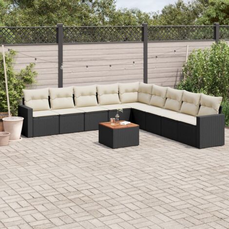 Ensemble Salon Jardin 10 Places Noir Résine Tressée avec Coussins Crème - Canapés d'Angle et Table Acacia Modulables
