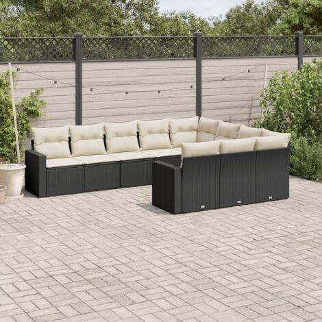 Ensemble Salon Jardin 10 Places Noir Résine Tressée avec Coussins Crème - Mobilier Extérieur Modulaire Polyrotin