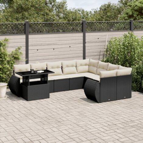 Ensemble Salon Jardin 10 Places Noir Résine Tressée avec Coussins Crème - Table Réglable Hauteur, Mobilier Extérieur Modulaire
