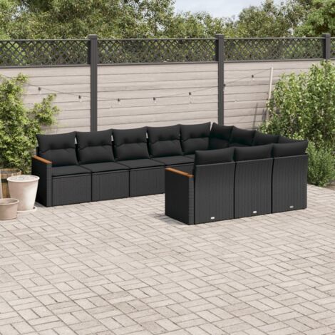 Ensemble Salon Jardin 10 Places Noir Résine Tressée avec Coussins - Meuble Extérieur Modulaire avec Rangement et Accoudoirs Acacia