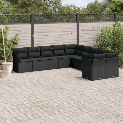 Ensemble Salon Jardin 10 Places Noir Résine Tressée avec Coussins - Meuble Extérieur Modulaire Rangement Intégré