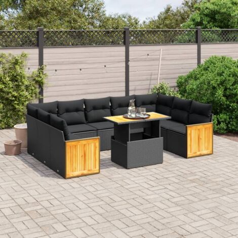 Ensemble Salon Jardin 10 Places Noir Résine Tressée avec Coussins - Table Réglable, Modulaire et Lavable