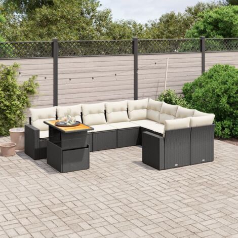 Ensemble Salon Jardin 10 Places Noir Résine Tressée avec Table Modulable et Coussins Crème - Meuble Extérieur Design
