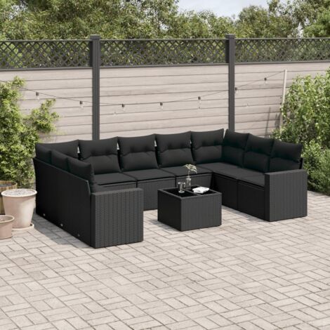Ensemble Salon Jardin 10 Places Noir Résine Tressée - Canapés d'Extérieur Modulaires avec Coussins et Table Verre Trempé