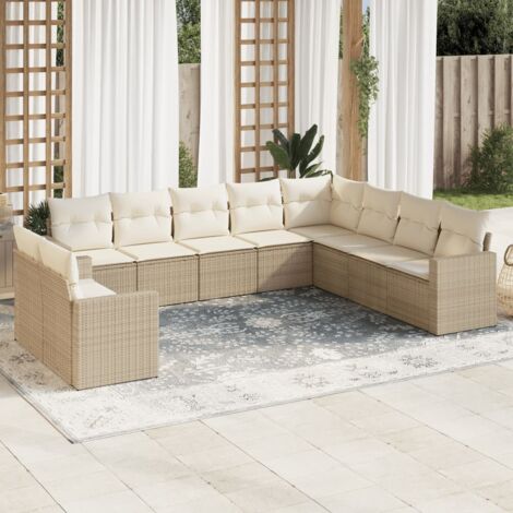 Ensemble Salon Jardin 10 Places Résine Tressée Beige avec Coussins Amovibles et Espaces Rangement