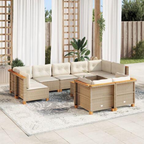 Ensemble Salon Jardin 10 Places Résine Tressée Beige avec Coussins Amovibles - Table Acacia et Structure Acier