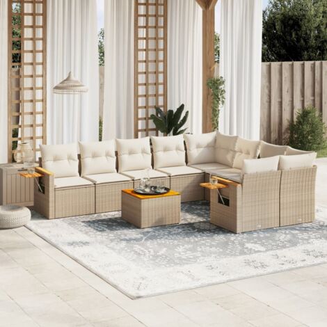 Ensemble Salon Jardin 10 Places Résine Tressée Beige avec Coussins Crème, Table Acacia, Modulaire, Rangement Intégré
