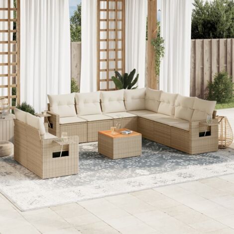 Ensemble Salon Jardin 10 Places Résine Tressée Beige avec Coussins Crème, Tables d'Appoint et Rangement Modulaire