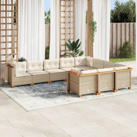 Ensemble Salon Jardin 10 Places Résine Tressée Beige avec Coussins Détachables - Meuble Terrasse Modulaire en Polyrotin et Bois d'Acacia