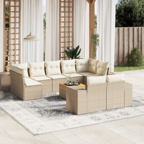 Ensemble salon jardin 10 places résine tressée beige avec coussins et table acacia - Meubles extérieur modulables rangement