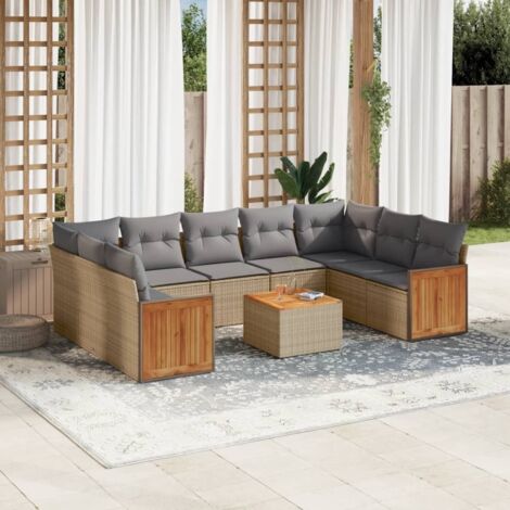 Ensemble Salon Jardin 10 Places Résine Tressée Beige avec Coussins Gris - Canapé, Fauteuils et Table Acacia Modulable