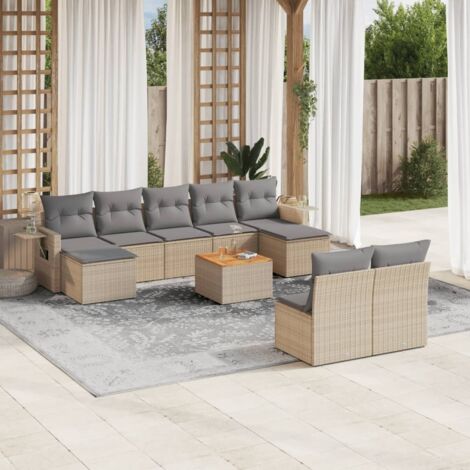 Ensemble Salon Jardin 10 Places Résine Tressée Beige avec Coussins Gris - Mobilier Extérieur Modulaire avec Table Acacia et Accoudoirs
