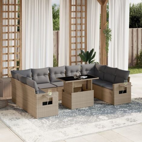 Ensemble Salon Jardin 10 Places Résine Tressée Beige avec Coussins Gris Modulable Table Réglable