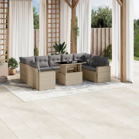 Ensemble Salon Jardin 10 Places Résine Tressée Beige avec Coussins Gris Modulable Table Réglable