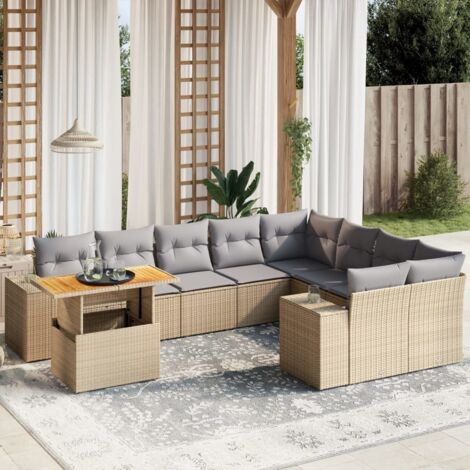Ensemble Salon Jardin 10 Places Résine Tressée Beige avec Coussins Gris Modulable Table Réglable