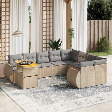 Ensemble Salon Jardin 10 Places Résine Tressée Beige avec Coussins Gris Modulable Table Réglable