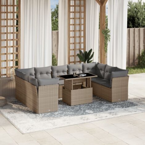 Ensemble Salon Jardin 10 Places Résine Tressée Beige avec Coussins Gris Modulable Table Réglable