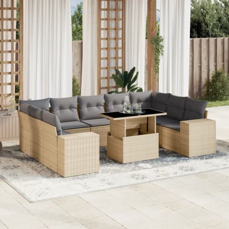 Ensemble Salon Jardin 10 Places Résine Tressée Beige avec Coussins Gris Modulable Table Réglable